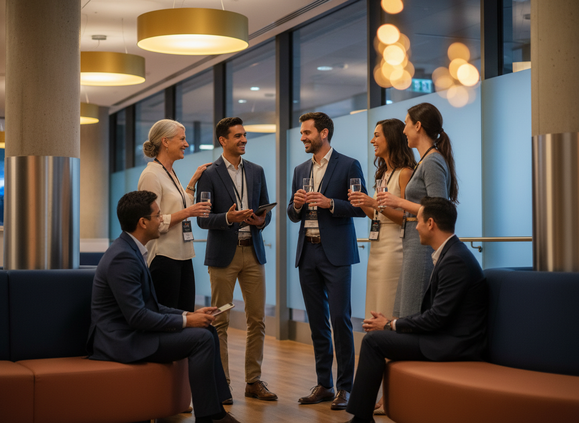 Automotive professionals networking at a professional event