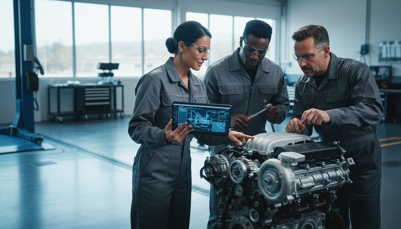 Automotive professionals collaborating in a modern repair shop